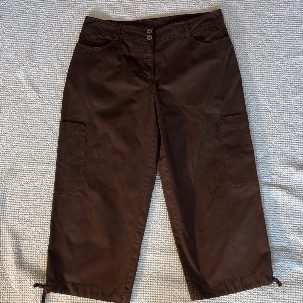 Eileen Fisher Cocoa Brown Cotton Cargo Capris with Drawstring, size Large, EUC